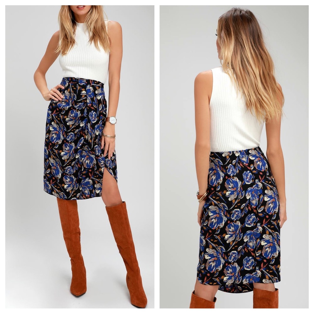 Lulus masterpiece black multi floral gathered midi skirt